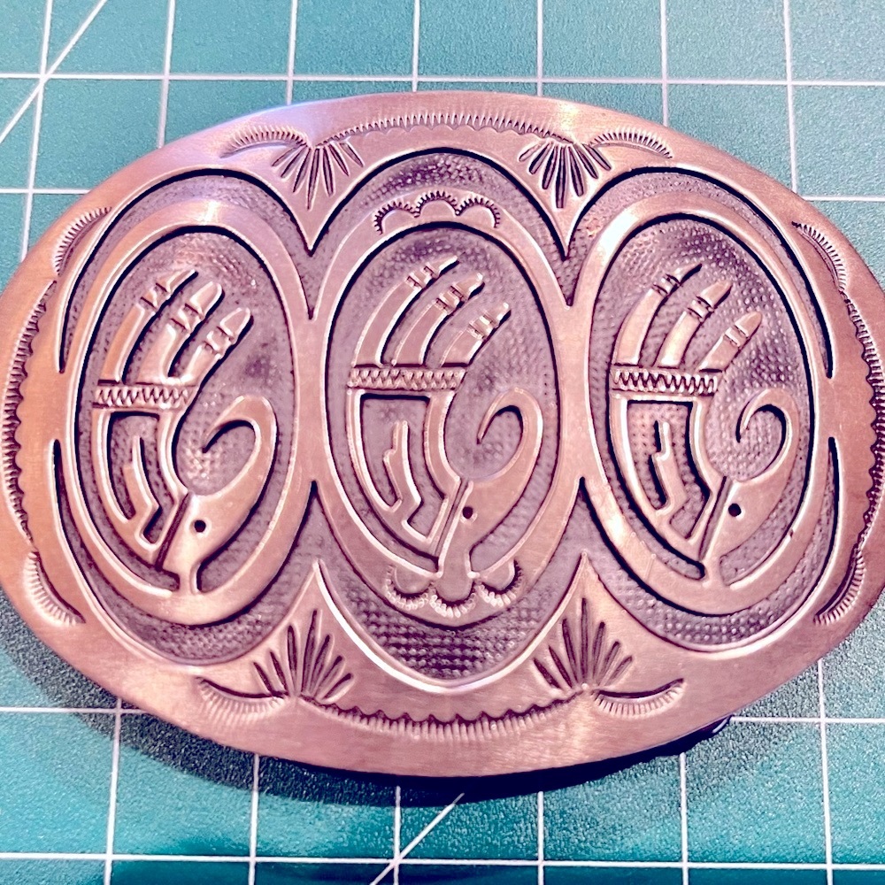 Inlaid Silver Oval Belt Buckle - important Hopi " 3 hands " design